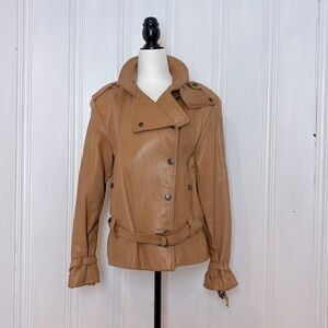 BAGATELLE Vintage Tan Leather Moto Jacket with Belt and Asymmetrical Closure